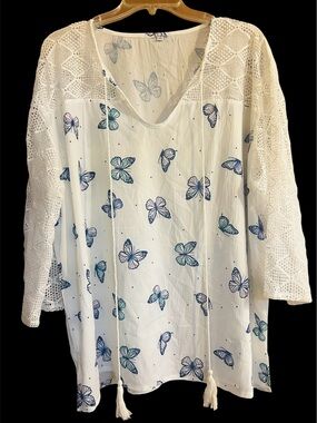 White Butterfly Print Peasant Blouse with Crochet Sleeves 3XL